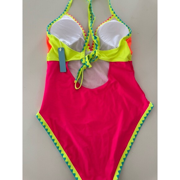 Popvil Neon Color Block One Piece Bathing Suit Women Tummy Control swimsuit L - Picture 9 of 15